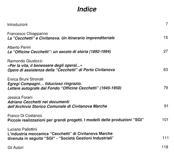 Indice del n. 13 di Civitanova Immagini e Storie dedicato alle officine Cecchetti di Civitanova Marche